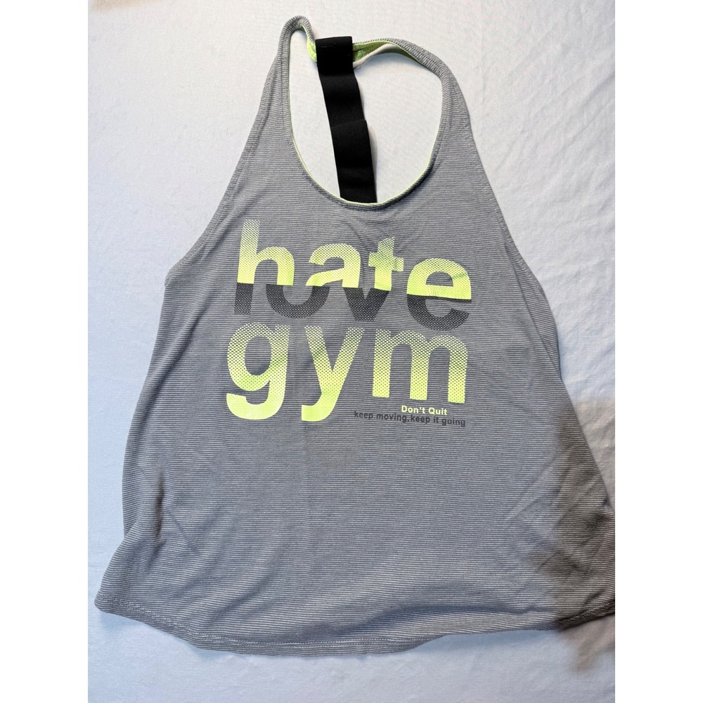 EVCR Womens Hate Love Gym Graphic Racerback Tank Top Grey Neon Yellow Size‎ M